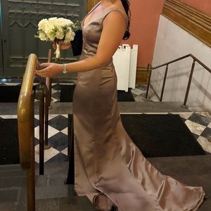 Mocha colored long silky dress with open back